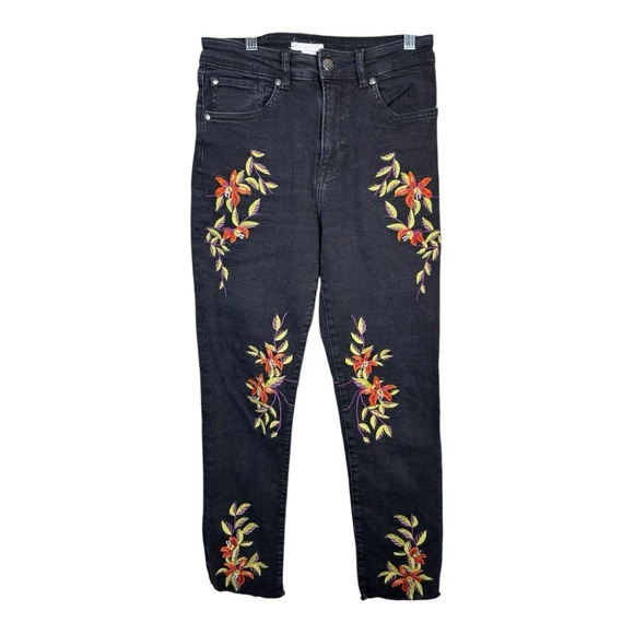 H&M Black Straight Jeans Red/Green Embroidered Flowers Stretch Women's Size 4 - Picture 2 of 11